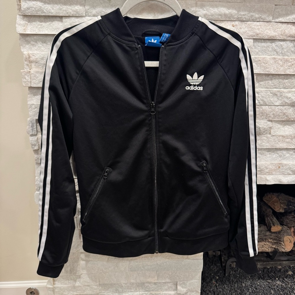 Adidas Black Track Jacket with White Trefoil Logo zip up superstar